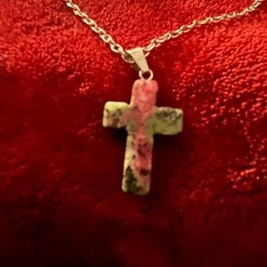 Hand Crafted Green Bloodstone Cross w Chain Handmade Necklace Unisex Hand Made